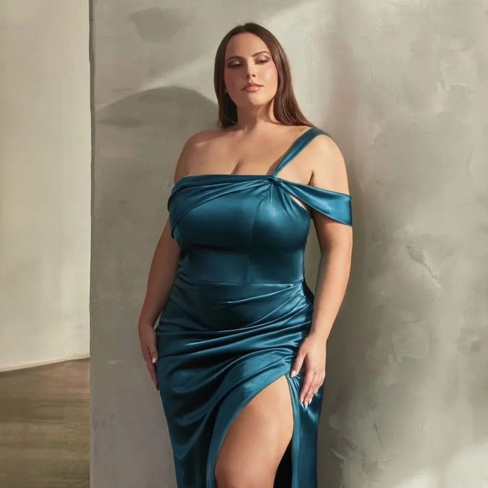 NEW LONG FORMAL SHEATH SATIN DRESS WITH ONE SHOULDER NECK AND LEG SLIT CD327C